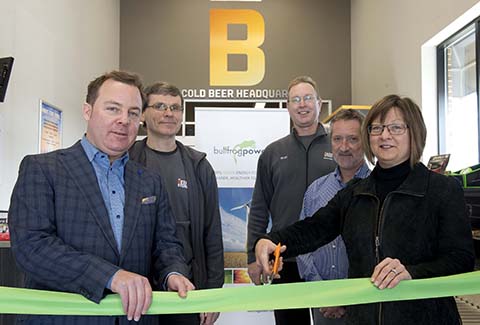 The Beer Store and Bullfrog Power celebrate 7 new bullfrogpowered stores across Ontario. L-R: Shaun Lewis, Jim Corbett, Dave Cox, Dave Dick, Linda Fritz.